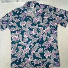 Hilo Hattie Shirt Men L Green Floral Short Sleeve Button-Up Rayon Made In Hawaii picture