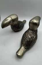 Vintage Brass Toucan Bird Figurines Pair Engraved Tropical Decor Hollow Cast picture