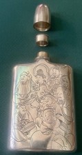 FABULOUS VTG STERLING FLASK ENGRAVING 7 LUCKY GODS JAPANESE DEITIES  5.3 T.OZ picture