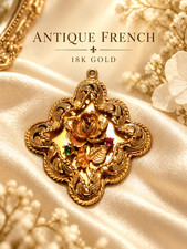 Antique French 18K Gold Quatrefoil Rose Pendant Ruby Emerald 12.88g picture