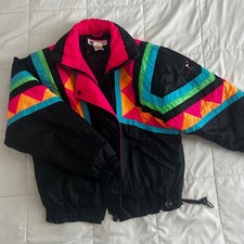 Vintage Obermeyer Ski Jacket Womens 8 Black Neon Colorblock Geometric 80s Retro picture