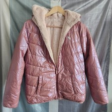 Abercrombie Kids Reversible Puffer Jacket Rose Gold Faux Fur Hooded Girl 15/16 picture