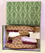 Gucci Women’s Beige/Burgundy Monogram Leather Slide Sandals Logo Slip-On US 6 picture