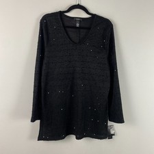 Alfani Knit Top Sequin Tunic Size XL Black V Neck Long Sleeve Button Back picture