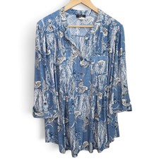Cocomo Womens Tunic Top 2X Blue Paisley Henley Roll Tab Sleeve Boho Blouse picture