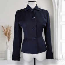 Vintage 1940s Handmacher Wool Gabardine Jacket Navy Nipped Waist XS picture