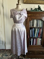Vintage 1930s 1940s Pale Pink Lavender Liquid Satin Printed Cowl Dress S/M picture