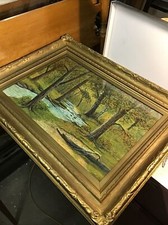 Antique Large 1913 Watercolor Painting Forest Landscape Stream Framed H. Calle picture