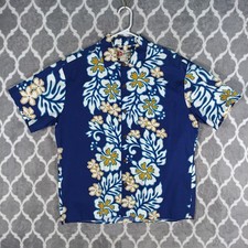 Hilo Hattie Hawaiian Shirt Men L Blue White Floral Hibiscus Aloha Made In Hawaii picture