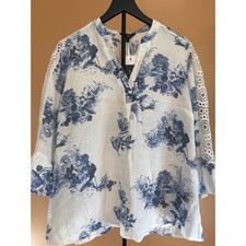 Unique Spectrum Mlle Gabrielle Blue White Floral Toile Eyelet Lace Blouse XL NWT picture