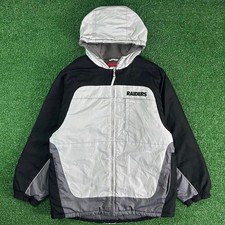 Vintage Oakland Raiders 90s Y2K Puffer Jacket, Silver/Black, Distressed, Size La picture