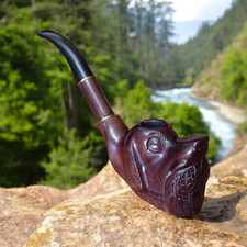 Wooden TOBACCO SMOKING PIPE Handmade crafted dog on bowl Gorgeous Ukrainian picture