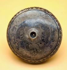 A rare antique Chinese grey round Yunnan opium bowl (damper) with fu dogs picture