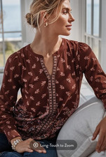 J. Jill Women's Burnt-Sienna-Brown Floral Cotton Bl. Smocked Sleeve Knit Top L picture