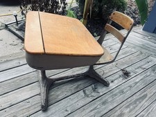 Vintage Child's Industrial School Desk & Chair - Wood, Metal, Flip Top picture