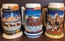 Three Vintage Budweiser Beer Steins, 1998, 2000, 2002, Clydesdales In Snow picture