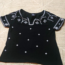Talbots Women Black/White Embroidered Woven Cotton Split Neck Tunic Blouse M picture