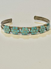 VTG Native American Zuni Sterling  Cuff Bracelet Turquoise Flowers Sz 5.75-6” picture
