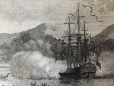 Antique 1789 engraving, Age Of Exploration, HMS Dolphin first contact w/ Tahiti picture
