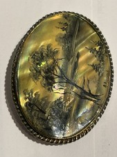 Vintage Russian Fedoskino Hand-Painted Mother-of-Pearl Miniature Brooch Signed picture