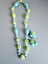 West Germany Signed Blue Green Floral Plastic Beaded Necklace Women picture
