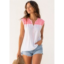 J.Crew Embroidered Top Medium White Pink Coral Cotton Linen V-Neck Coastal picture