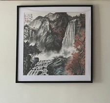 Framed Chinese Traditional Painting, village, waterfall and mountain landscape picture