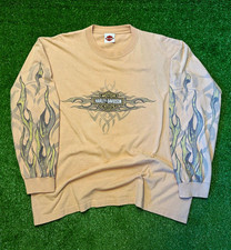 Vintage Harley Davidson Flaming Tribal Grunge Biker Tan Long Sleeve Large picture