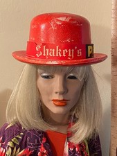 RARE Vintage RED Bowler Style Shakey’s Pizza Parlor Styrofoam Hat; Distress picture