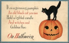 Halloween black cat on pumpkin Series 28 c1900s-10s Vintage Postcard bhn picture