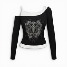 ROMWE Gothic Rhinestone Cross Wing One Shoulder Long Sleeve Top M NWT picture