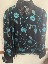 R.H.C Equestrian Girls  XL Black Western Show Shirt Turquoise Sequin Floral picture