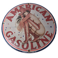 Vintage American Gasoline Sign - Gas Motor Oil Pump Porcelain Pinup Girl Sign picture