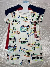 New Carters Baby Boys 18 Months Snap On Romper White W/ Vehicles Red 2 Pack AM33 picture