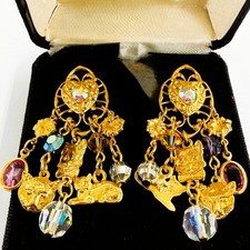 Vintage Kirk's Folly Cheshire Cat Earrings Gold Plated Crystal Pierced Box picture