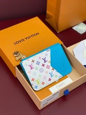 Luis Style Multicolor Monogram Coin Pouch Blue Leather Zip Card Holder New picture
