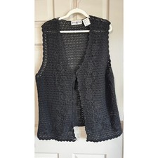 Vintage Crochet Vest Black Floral Details Size 16 Boho Whimsy Fairy Grannycore picture