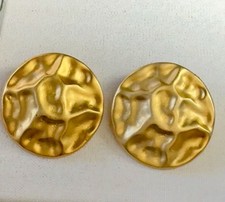 Vintage Gold Hammered Clip On Earrings Large Disc Button Statement Retro 1.5” picture