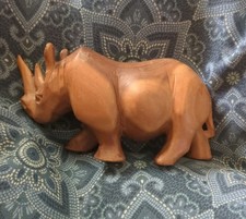 Vintage HandCarved Wooden Rhino Figurine Made in Kenya African Wood Folk Art MCM picture
