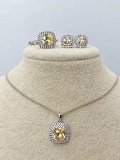 Vintage 925 Sterling Silver Signed Canary Yellow Cushion CZ Jewelry Set picture