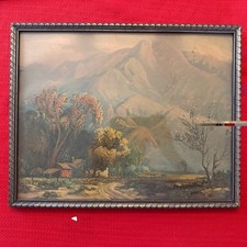 Vintage Framed Lithograph Art Print 1920s Mountain Cabin Landscape Cottagecore picture