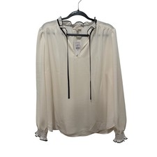 Loft Outlet Womens XL White Black Piping Ruffle Neck Smocked Cuff Blouse NWT picture