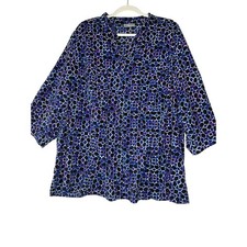 Catherines Blue Purple Floral Long Sleeve Button Front Blouse Chest Pockets 4X picture