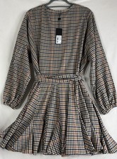 NWT Gianni Bini Womens Charlie Plaid Button Front Waist Tie Dress Brick Ivory M picture