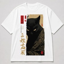 Japanese Samurai Black Cat Vintage Anime Streetwear Cotton T-Shirt picture