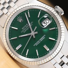 ROLEX DATEJUST 1601 GREEN DIAL 18K WHITE GOLD STEEL FOLDED BRACELET WATCH picture