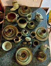 Vintage Frankoma Prairie Green Pottery Dishes Set 40+ Pc Wagon Wheel Boot Barrel picture