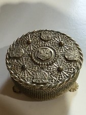 Vintage Portuguese Coat of Arms Brass Pin Cushion Trinket Box Footed Sewing picture