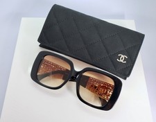 Chanel CH5532 54mm Square Sunglasses in Black with Brown Lens and Gold Web Arms picture