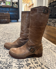 Frye Veronica Slouch Tall Boots Womens 9.5 Distressed Leather Brown Buckle picture